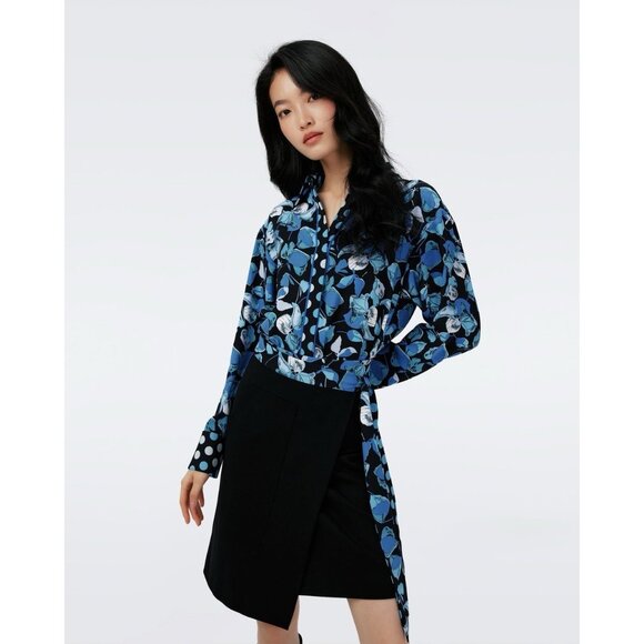 DIANE VON FURSTENBERG Olia Mixed Media Wrap Dress Blue Black Size XS - NWT $458 - Picture 4 of 9